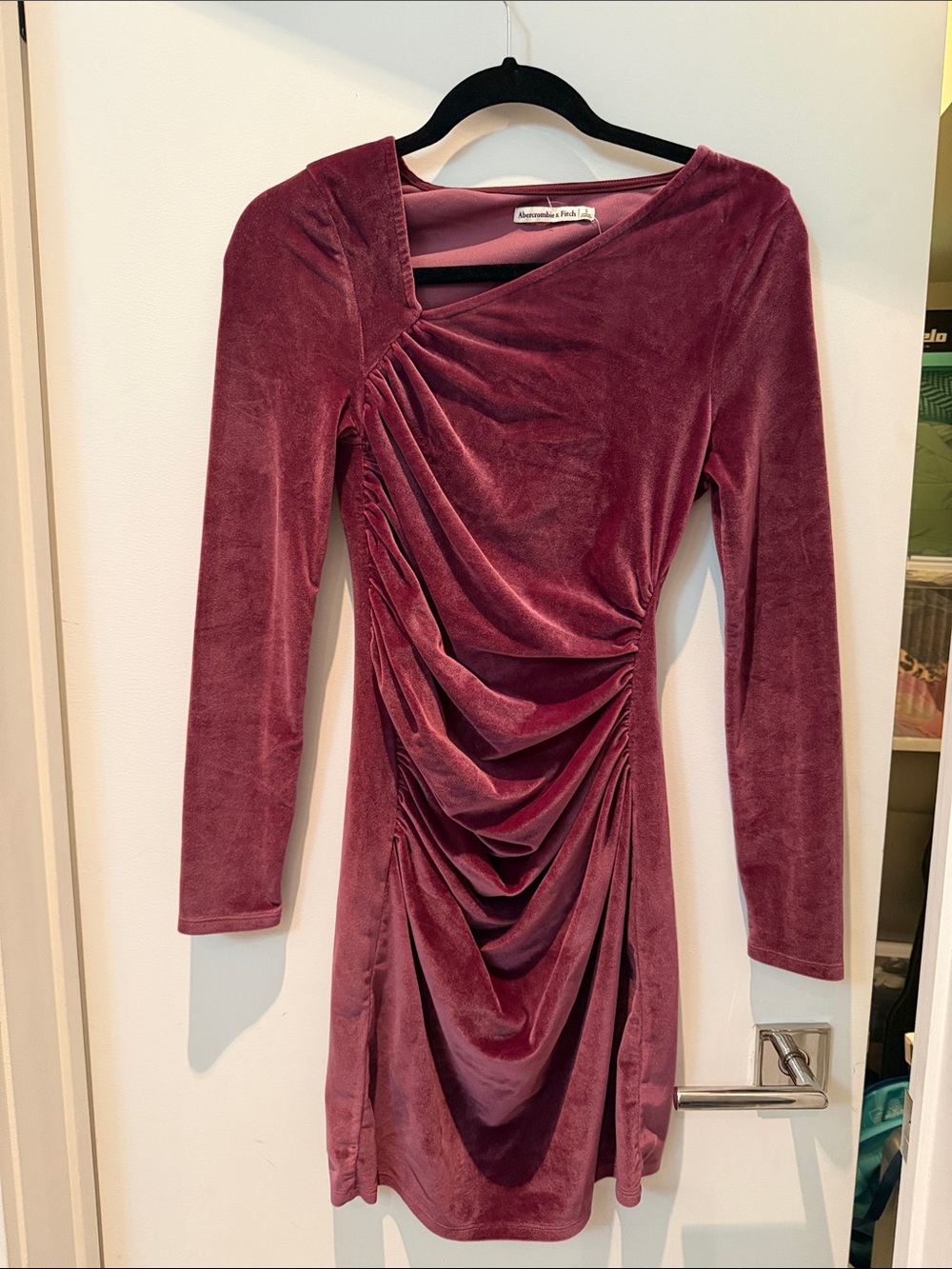 Abercrombie & Fitch Ruched Velvet Long-Sleeve Dress - Mauve
